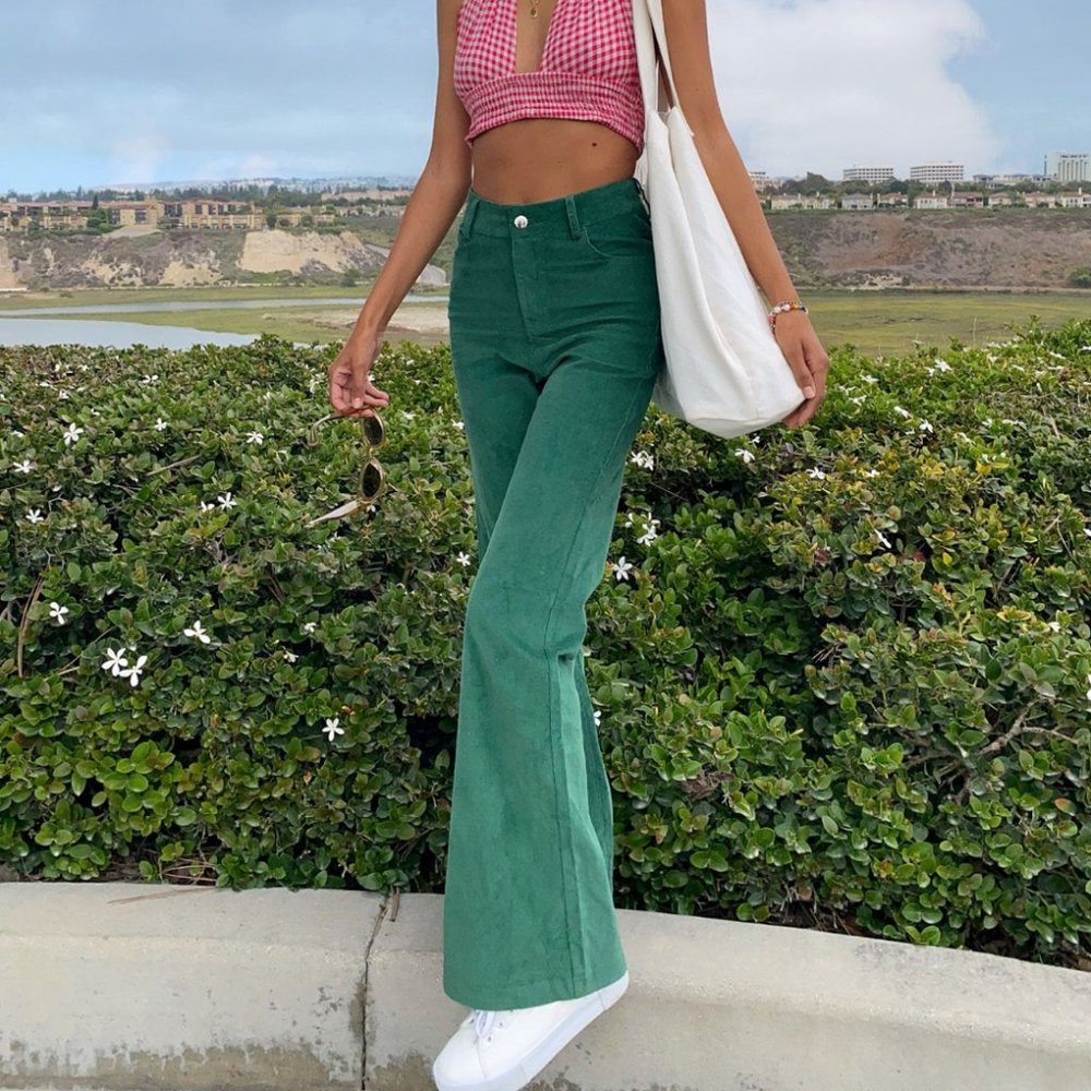 Princess Polly green corduroy flare pants